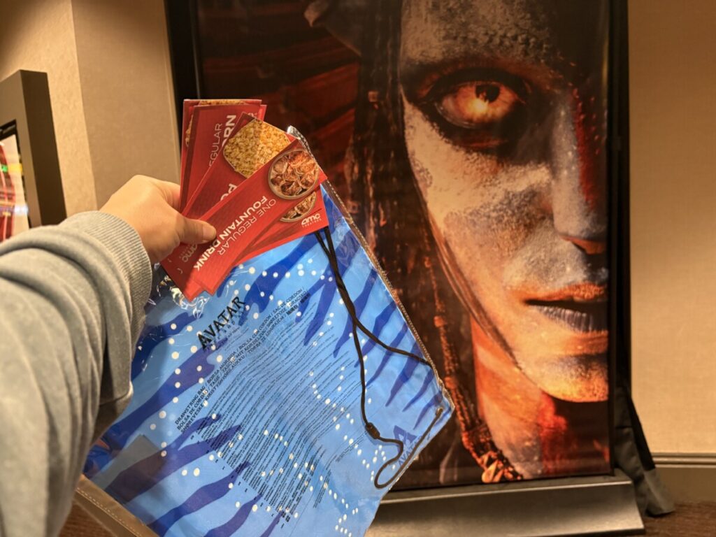 Avatar Fire and Ash screening included popcorn, a drink and an Avatar drawstring bag.