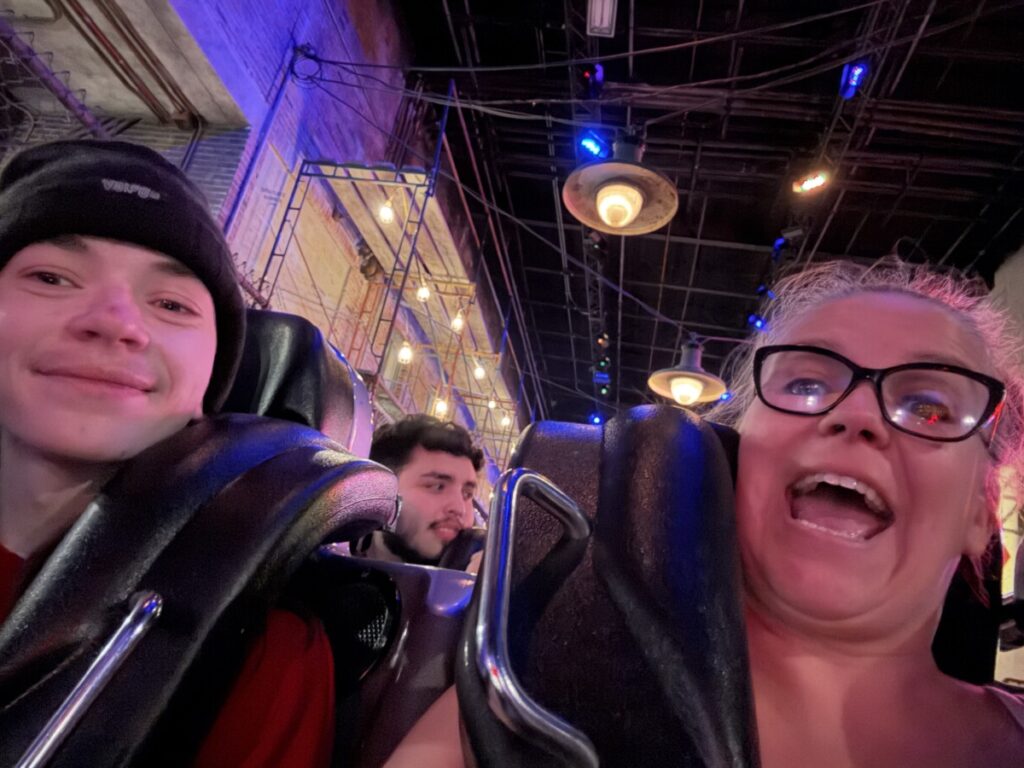 Getting ready to blast off on our last ride on Rock'N'Roller Coaster