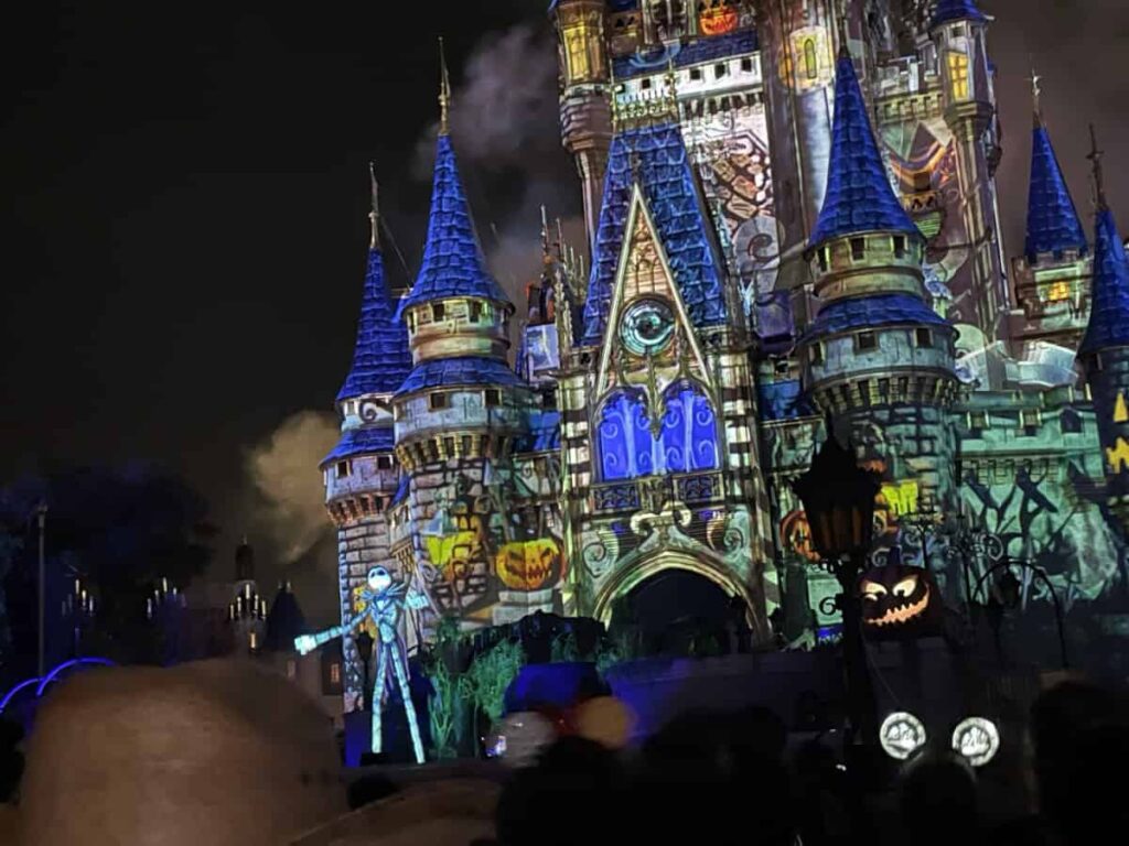 Jack Skelington hosting the fireworks show at Mickey's Not So Scary Halloween party this fall in Disney World