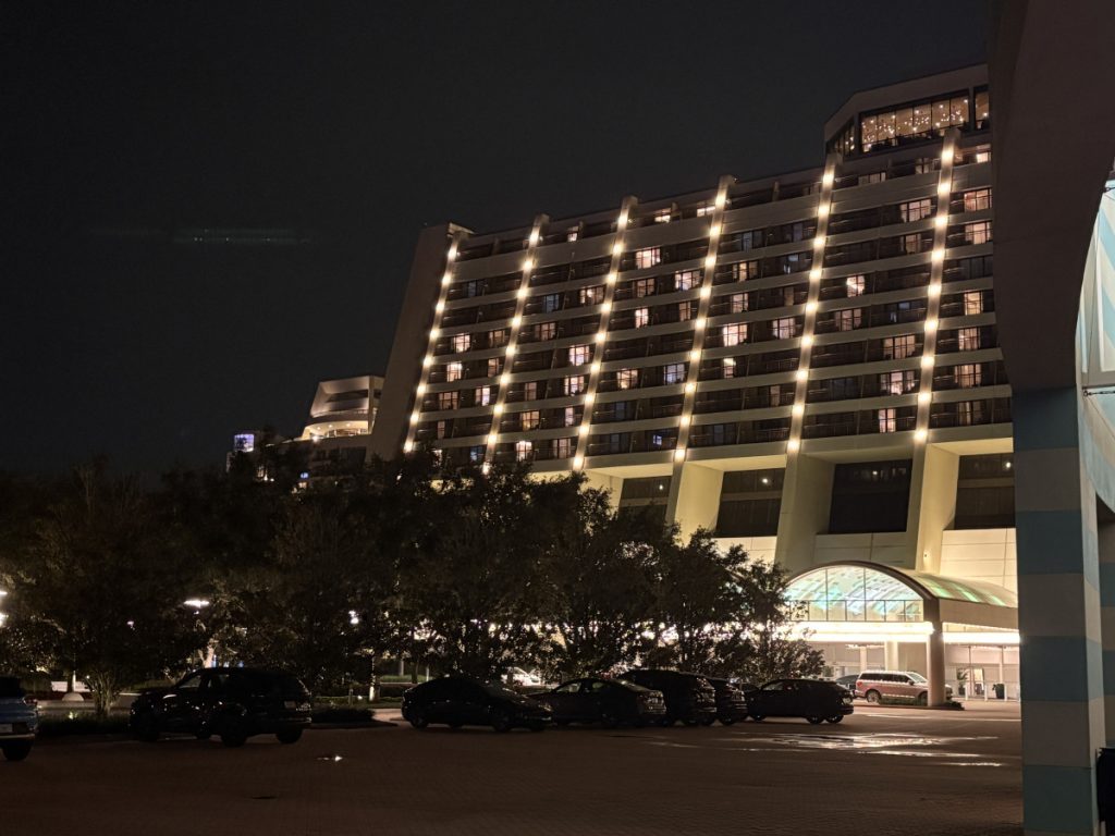 Nighttime view of the Contemporary resort from the west rotunda dessert party